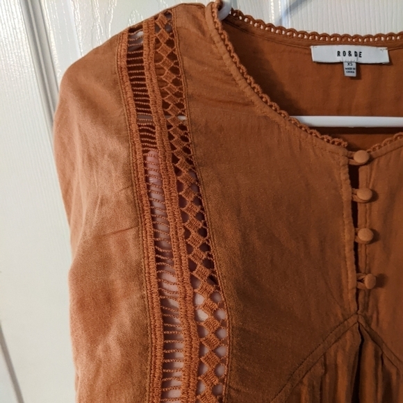 New RO & DE 100% Cotton Oversized Orange 1/4 Button Lace Detail Blouse Size XS - Picture 5 of 11